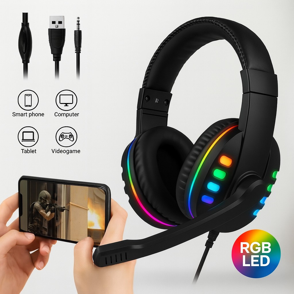 Professional Wired Gaming Headset Black RGB Led PC USB P2/P3 XBOX PS4 Video Game