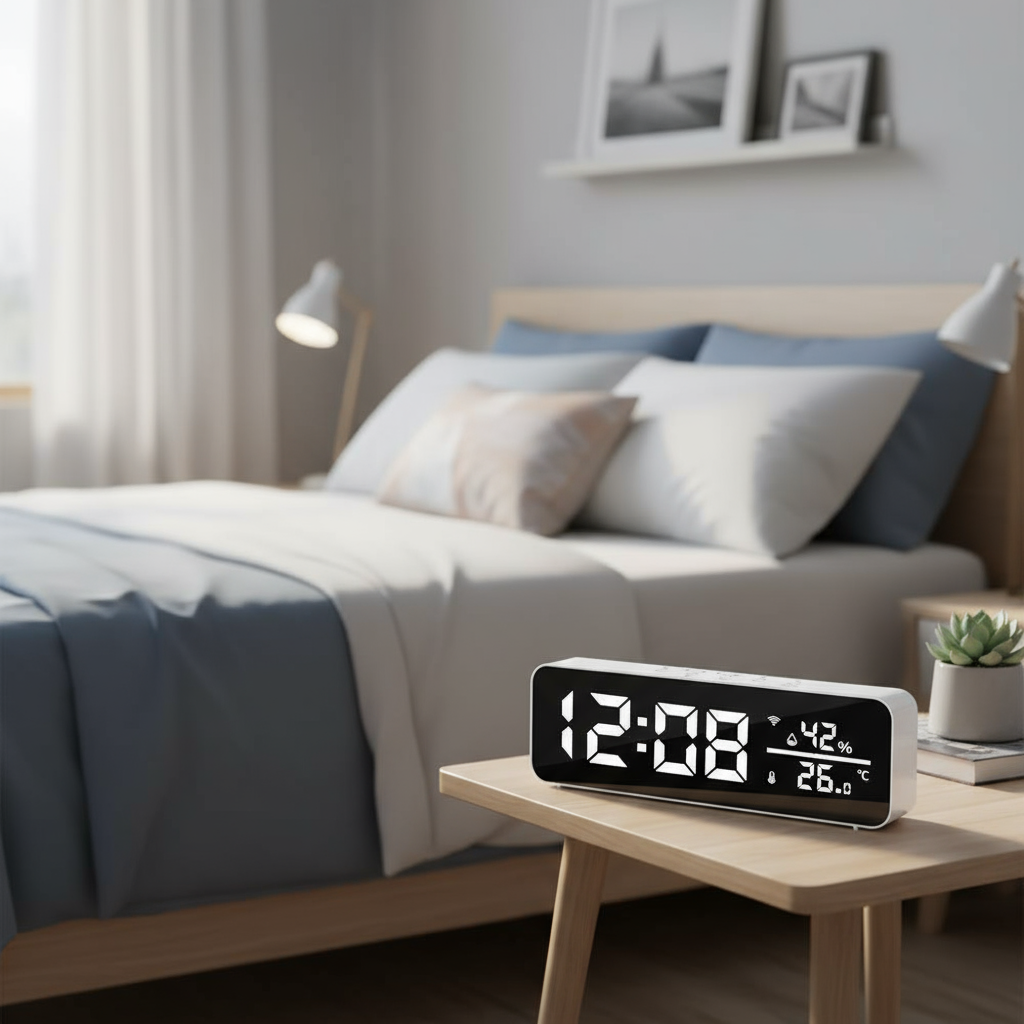 Smart Despertador Inteligente para Tuya WiFi, Exibição de Temperatura e Umidade, Relógio Espelhado LED USB para Sala de