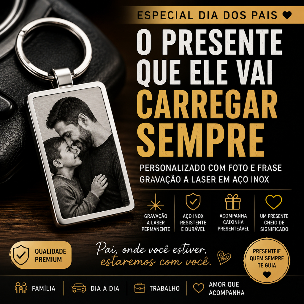 Chaveiro Personalizado com Foto e Frase Gravado a Laser em Aço Inox Presente Dia dos Pais