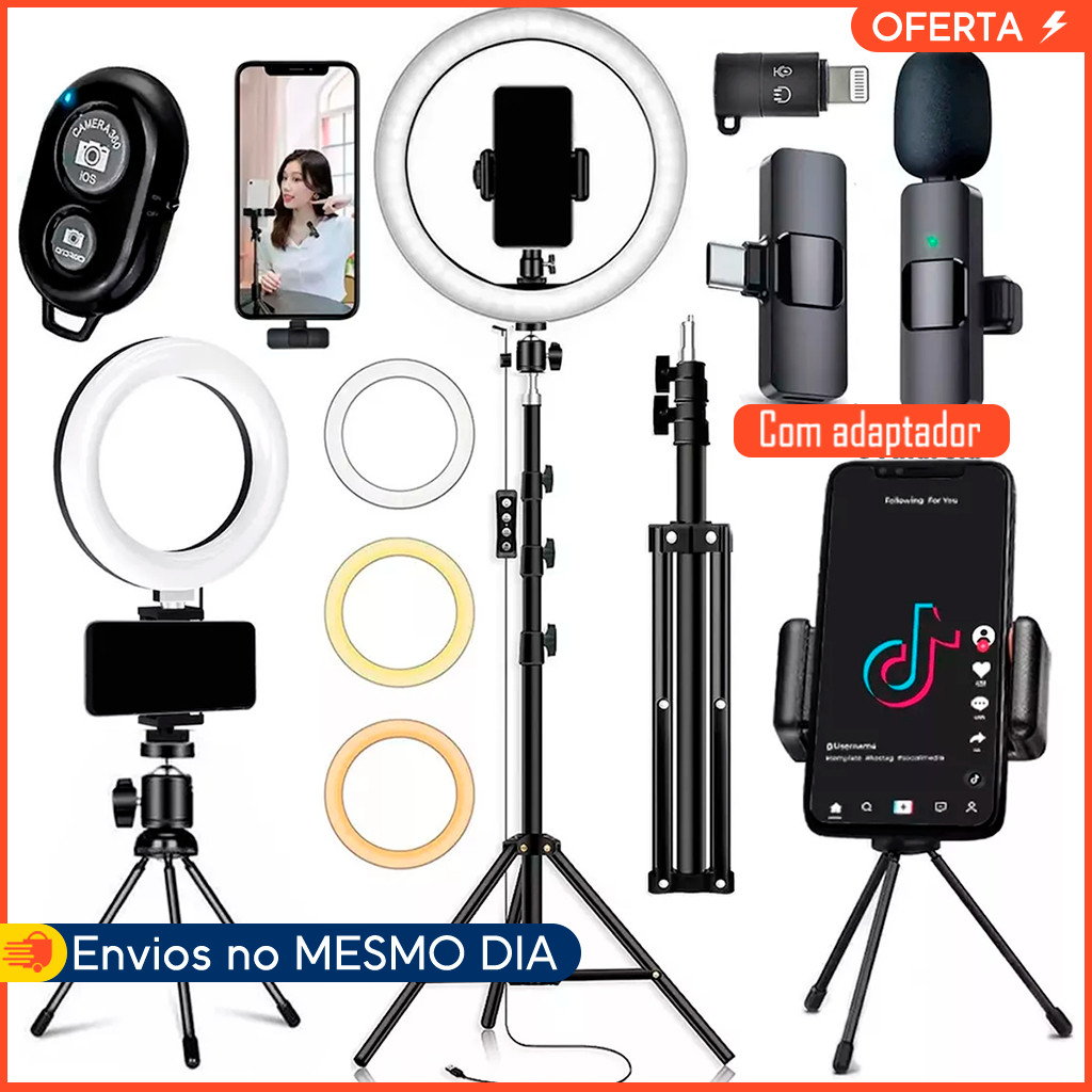 Kit Tiktok 2 Hing Light LED Microfone Lapela Bluetooth Adaptador Controle Selfie Vídeo Profissional