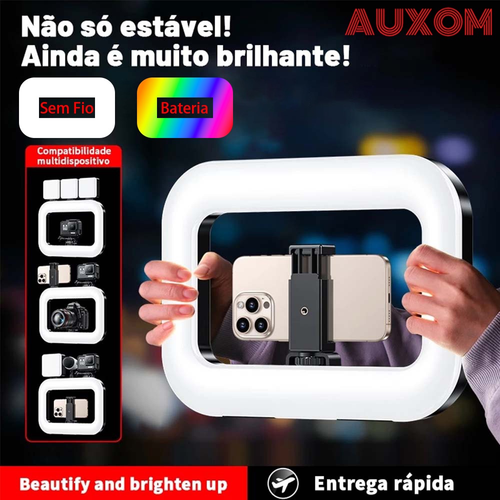 Ring Light LED RGB 50W Profissional Recarregável com Bateria Bluetooth Tripé para Foto Vídeo Streaming 3 Modos