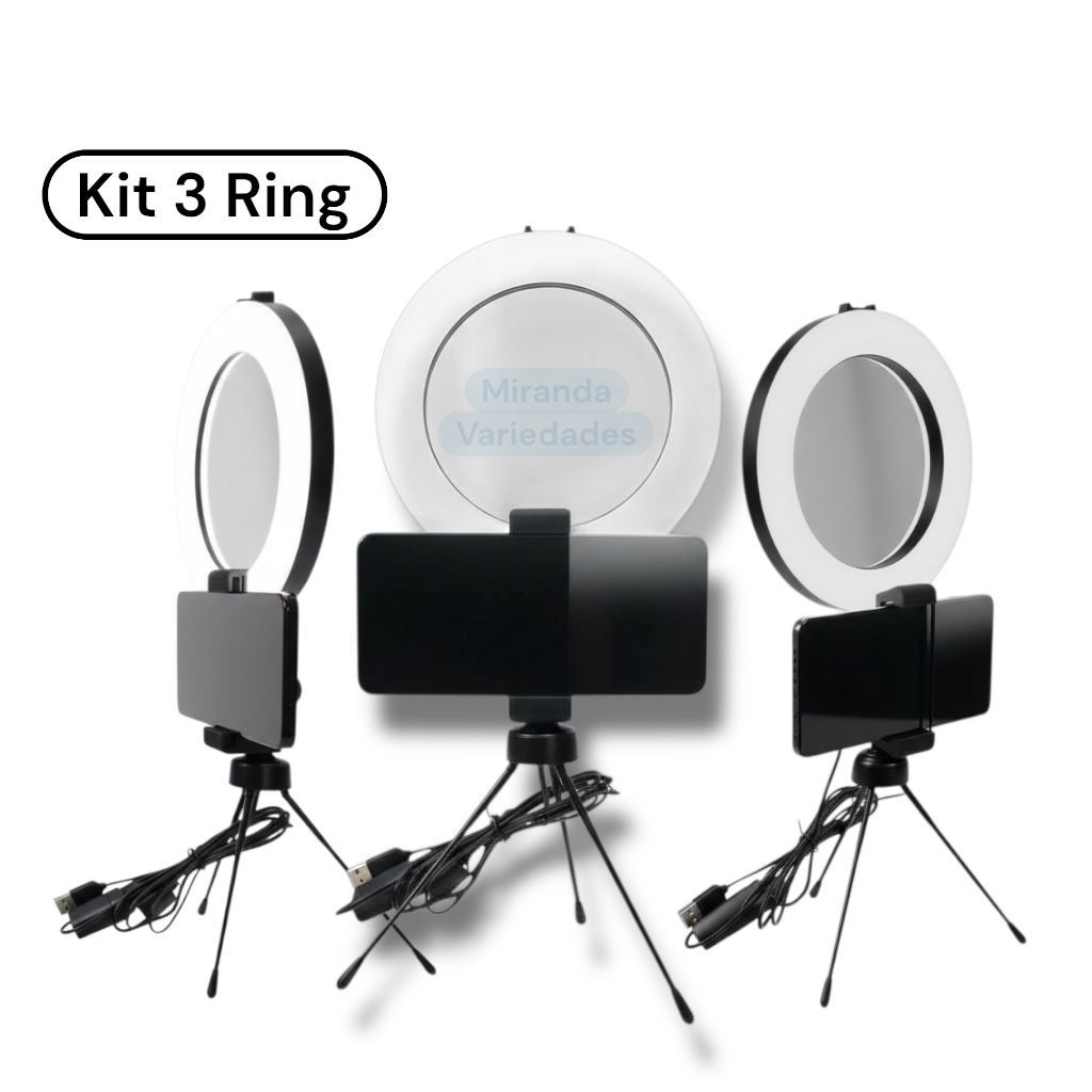 KIT 3 Ring Light Led Mesa Iluminador Pequena Tripé 6 Polegada 16cm Premium