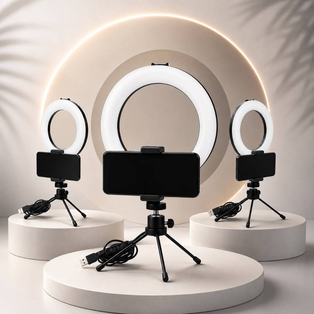 KIT 3 Ring Light Led Mesa Iluminador Pequena Tripé 6 Polegada 16cm Premium Leve