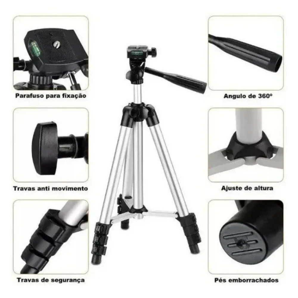 Tripé Profissional Premium 110cm Ajustável para Câmera, Celular, Projetor, Ring Light, Tablet