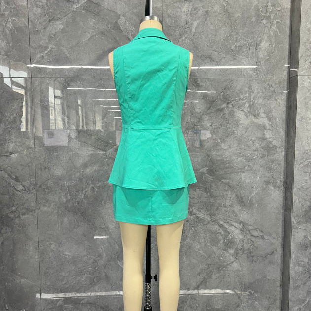 Conjunto Feminino de Três Peças Estilo Europeu, Colete de Lapela em Cor Sólida, Saia Mini Justa, Elegante e Moderno para