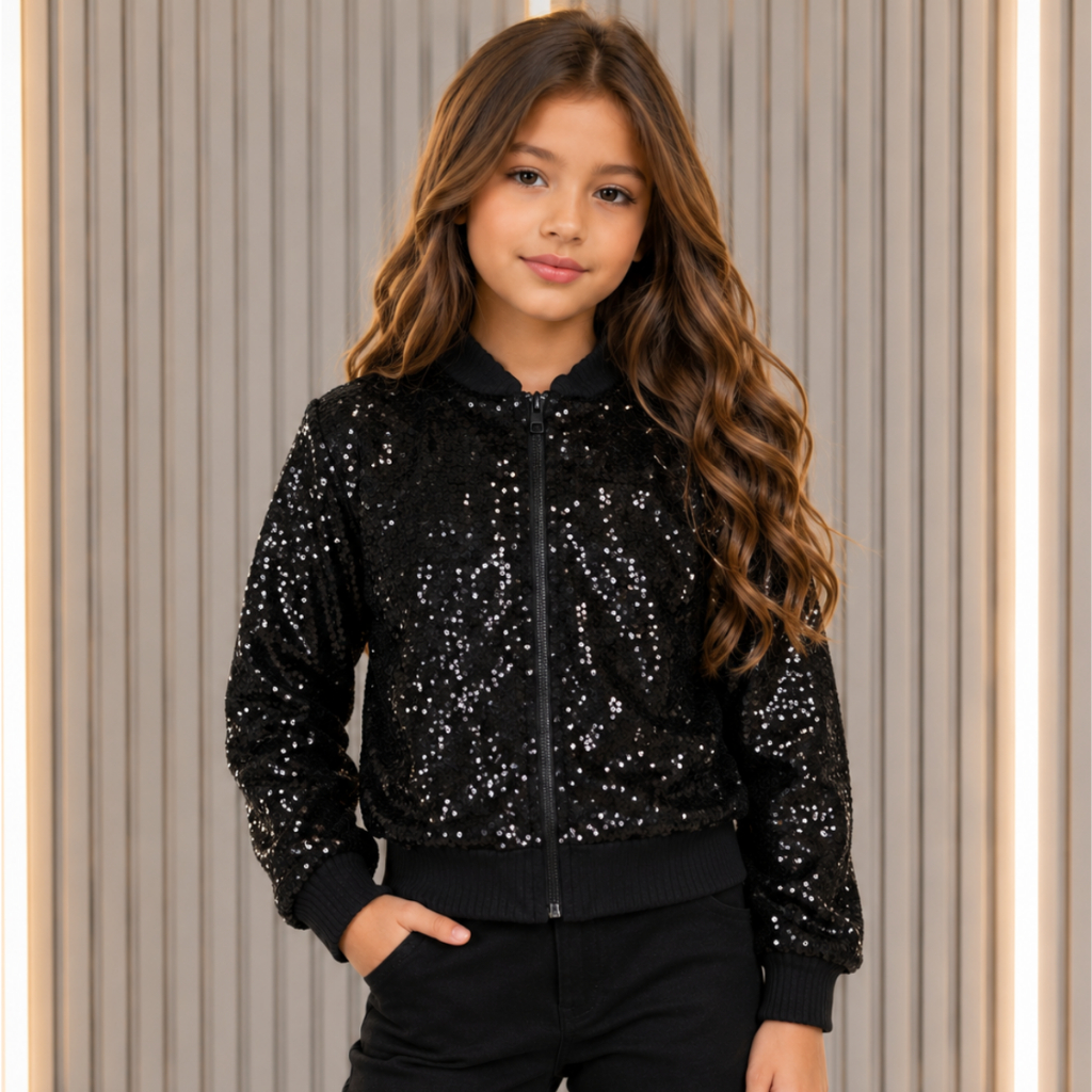Jaqueta Bomber Infantil Feminina De Paetê Brilho Luxo Moda Inverno Festa Mini Diva Meninas Estilosas