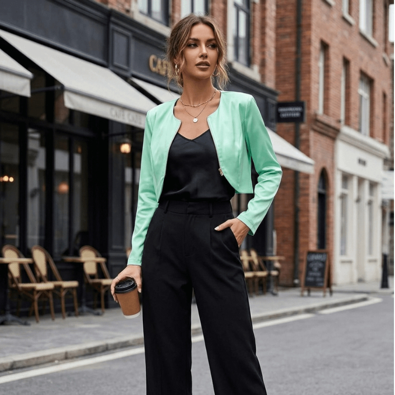 casaquinho cropped estruturado, tipo bolero ou mini blazer, na cor verde-menta. confeccionado em tecido plano acetinado