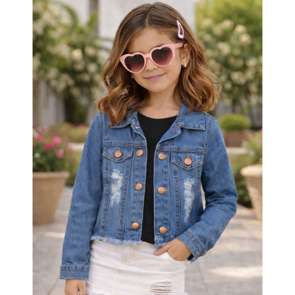Jaqueta Jeans Infantil Feminina Moderna Destroyed Mini Diva Inverno Com Botões Frontais Estilo Fashionista Casual