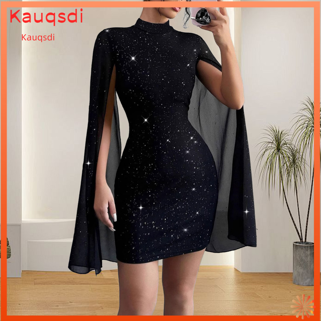 Shiny Dress for Women Mini Women’s Cape Sleeve Bodycon Mock Neck Chiffon Cocktail Elegant Wedding Evening Party Outfit