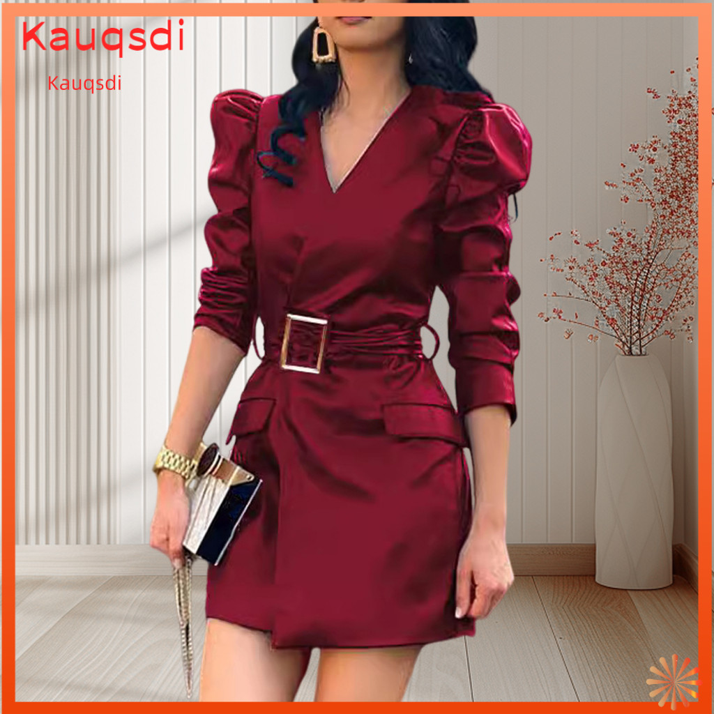 Women Dress Office Spring Women’s V Neck Faux Leather Mini with Belted Waist and Long Bubble Sleeves – Stylish Solid