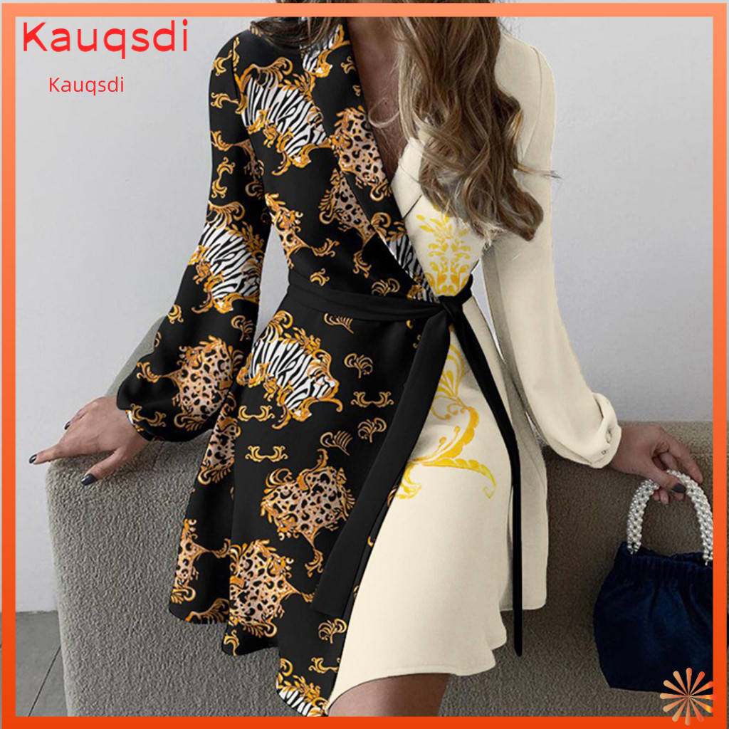 Women Waist-cinched Dress V-neck Spring Fall Lace-up Waist Tie Lapel V Neck A-line Mini Long Sleeve Color Block Business
