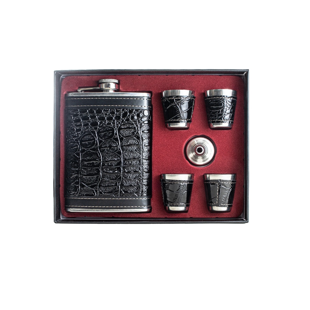 Cantil De Bolso Aço Inox Couro Whisk Garrafa Porta Bebidas Portátil + 4 Mini Copos Funil Frasco Elegante Jaqueta 375ml