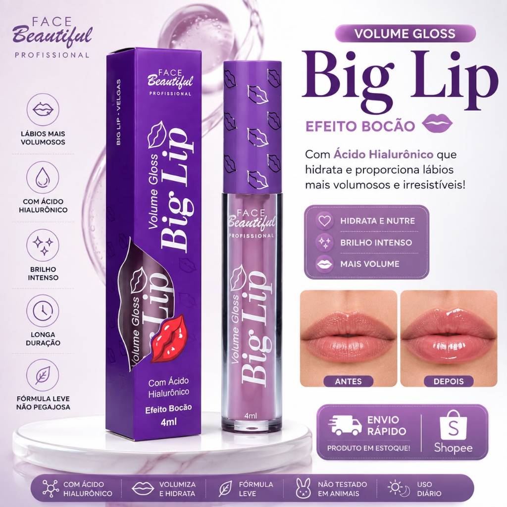 Gloss Labial Big Lip Face Beautiful Professional 4ml – Ácido Hialurônico | Efeito Bocão | Volume e Brilho