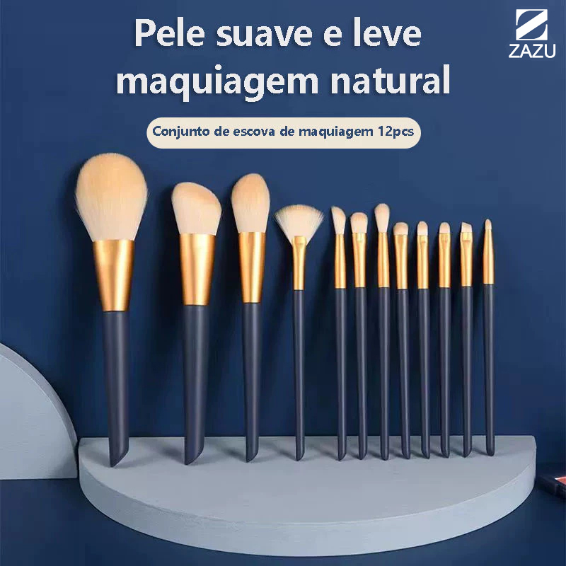 Jogo de 12 Pincéis de Maquiagem Profissional para Base Sombra Corretivo Blush Contorno Iluminador