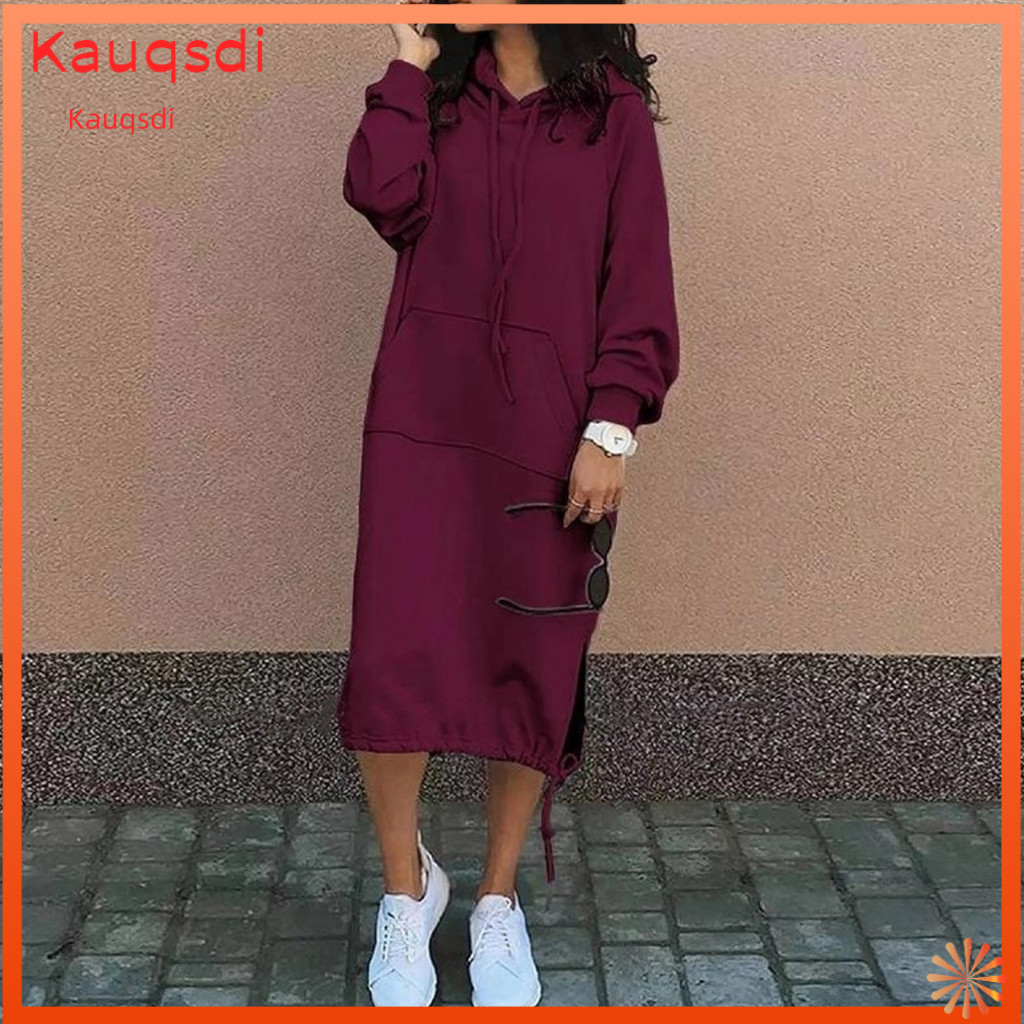 Hooded Long Dress Loose Fit Women’s Fall Spring Midi with Adjustable Drawstring Hem Sleeve Solid Color Slit for Southe