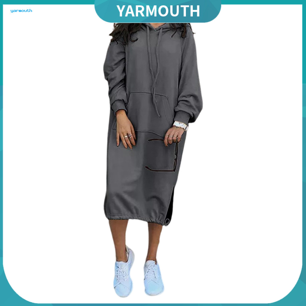 Long Dress Hooded Women’s Fall Spring Midi with Adjustable Drawstring Hem Sleeve Loose Solid Color Slit and for Southe