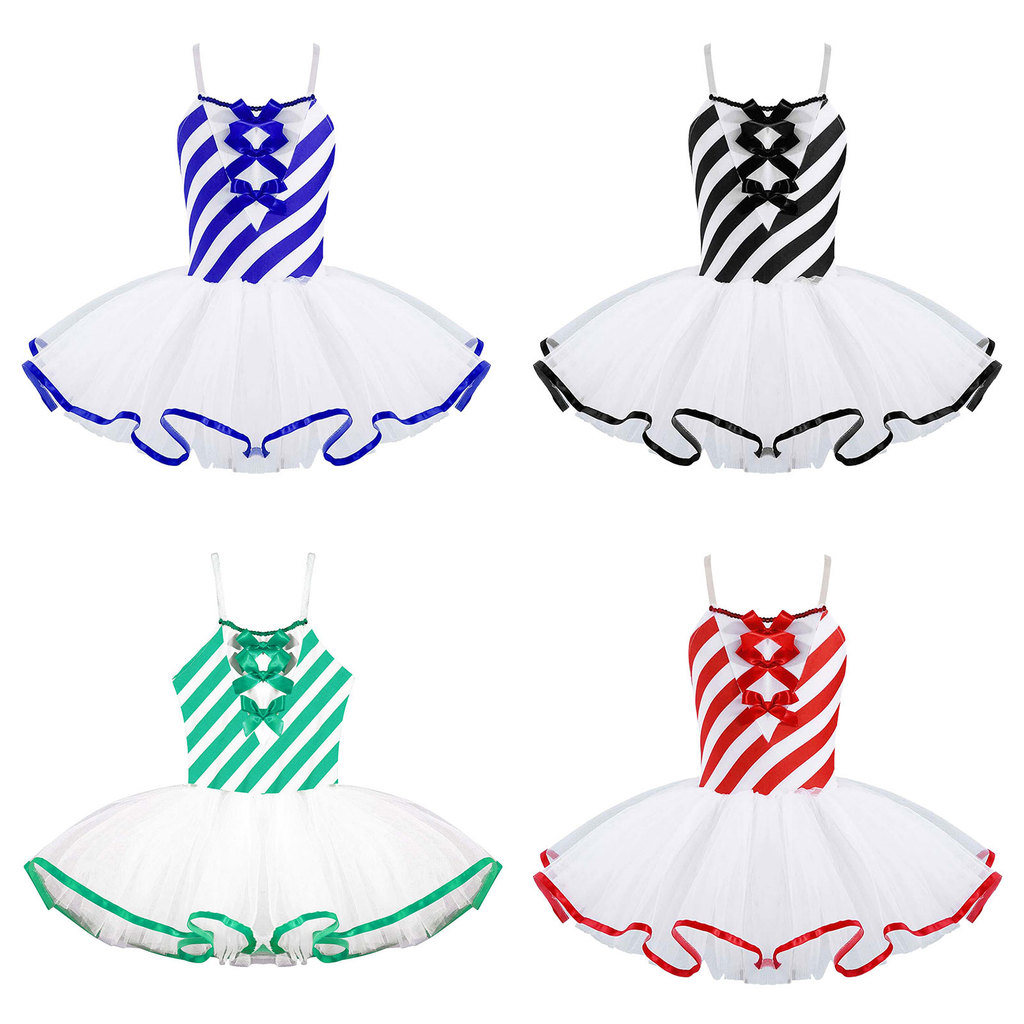 inhzoy Kids Girls Christmas Dance Dress Sleeveless Adjustable Straps Bowknot Adorned Stripes Print Mesh Tutu Dress