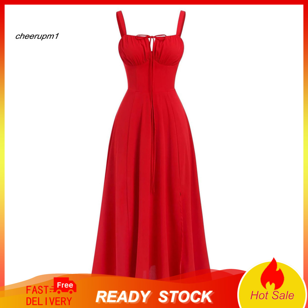 Casual Summer Dress Comfortable Bohemian for Women Adjustable Drawstring Corset Square Neck Midi Side Zipper Solid Color