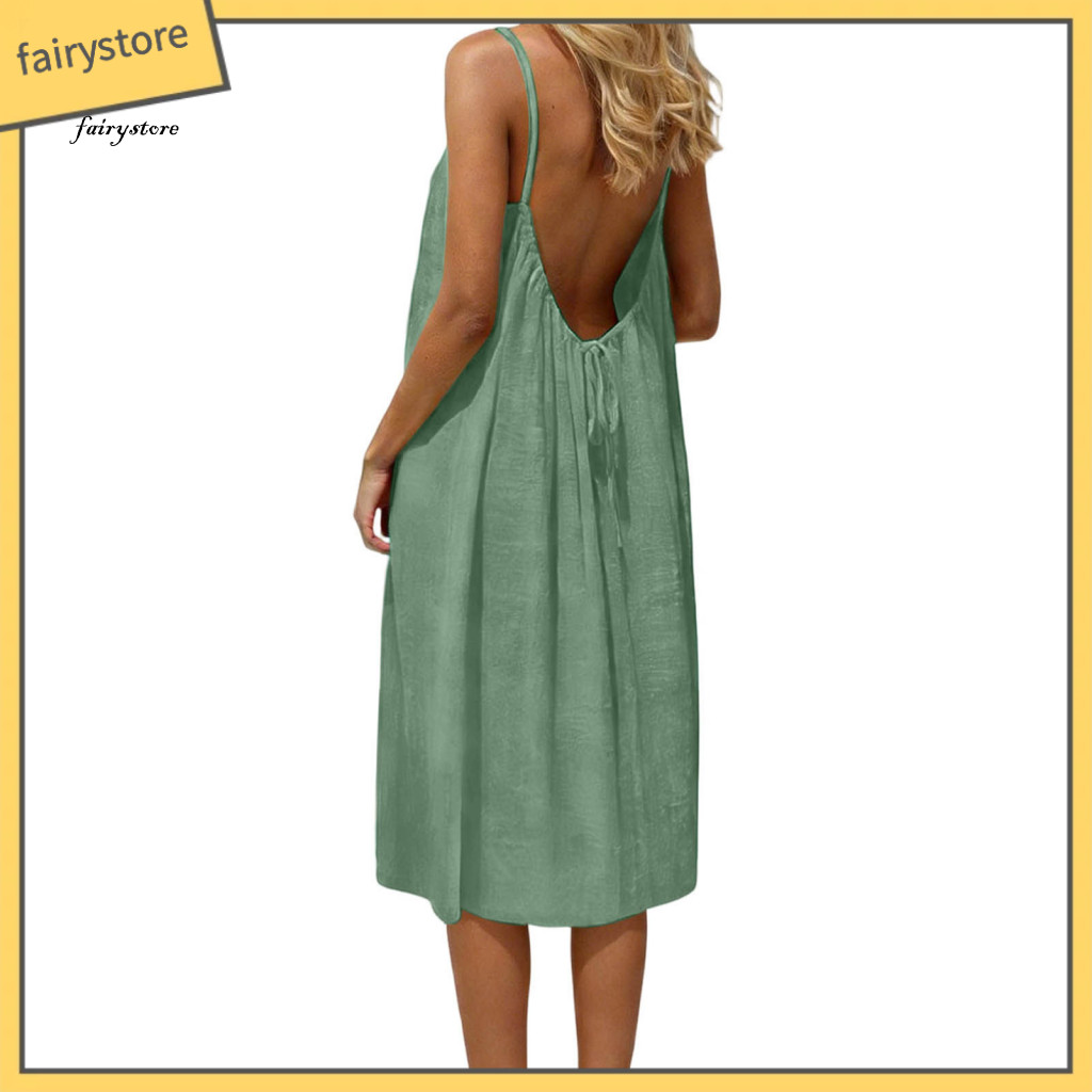 Spaghetti Strap Dress Adjustable Tie Back Women’s Summer Backless Cami – Beach Sundress Loose Flowy Style with for H