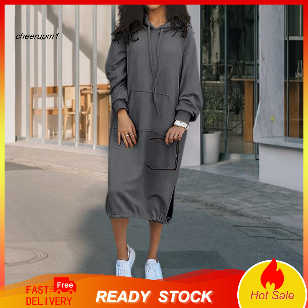 Loose Fit Dress Hooded Long Women’s Fall Spring Midi with Adjustable Drawstring Hem Sleeve Solid Color Slit for Southe
