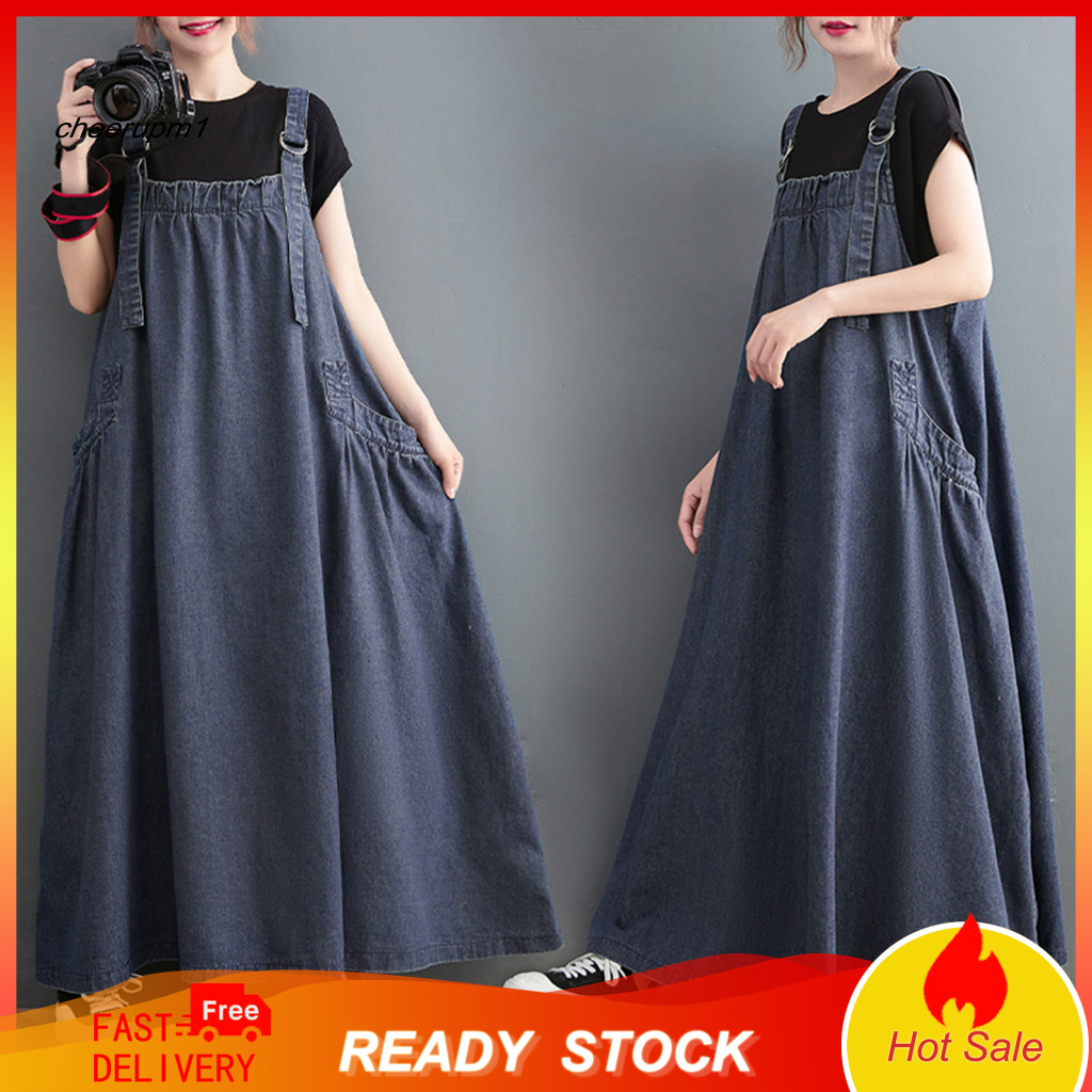 Polyester Dress Women’s Denim Overall Sleeveless Boho Jean Jumper with Pockets Adjustable Straps Wide Hem Pinafore Per