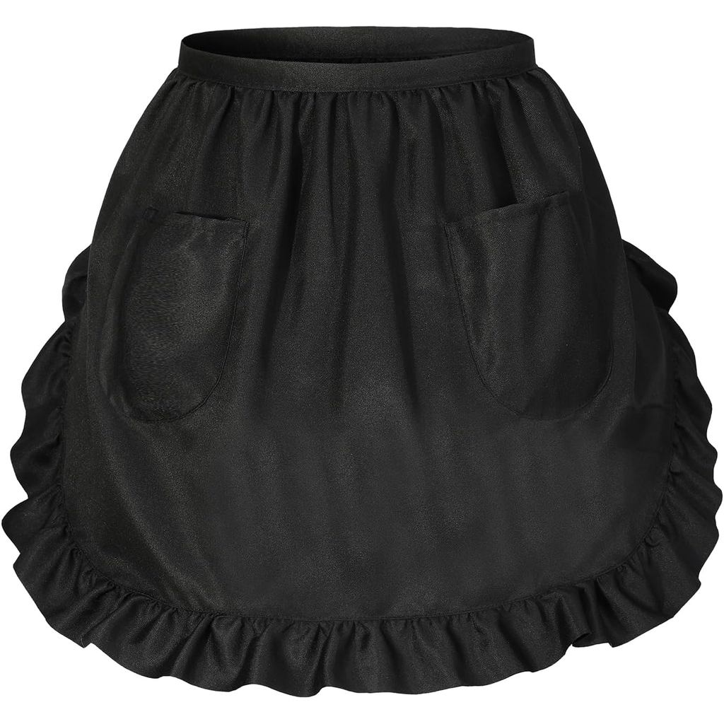 Women's Waist Apron with Pockets Black Half Waitress Vintage Ruffles French Maid Aprons Dress Costume Adjustable Chef Co