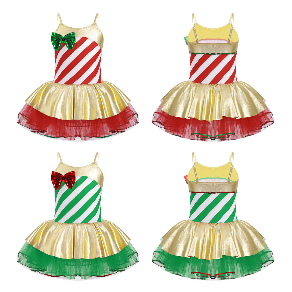 inhzoy Kids Girls Adjustable Straps Cami Dress Stripes Print Sequins Bowknot Adorned Mesh Tutu Dress Dance Jumpsuit