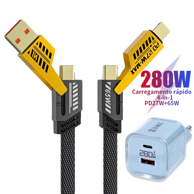 Carregador 4 Em 1 Cabo Para Tipo C iP 1 Metro Carregamento Rápido Celular Fast Charging Cable