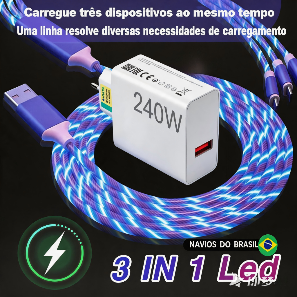240W Carregador e 3 In 1 Charger Fast Cable Micro USB Type C 1.2 Meters Streamer Blue Green Charging