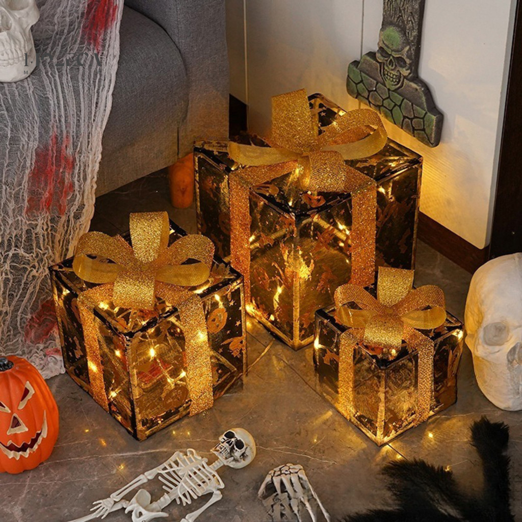 Foldable Halloween Window Displays Pumpkin Ghost Decor 3pcs Gift Boxes – Glowing Spooky Face Warm Led Holiday for Indo