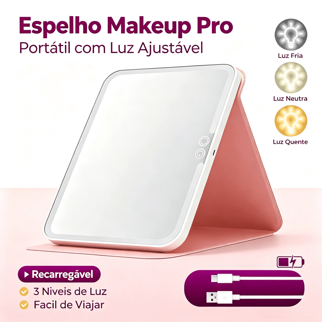 Espelho com Led para Maquiagem Capa de Couro Smart Mesa Dobrável Portátil Luz Ajustável Recarregável