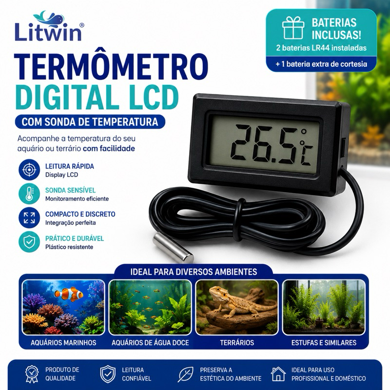 Termômetro Digital Para Aquário Terrário LCD Com Sonda Temperatura