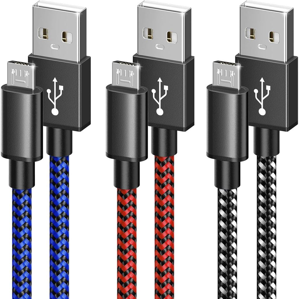 6amLifestyle PS4 Charger Cord, 10ft 3 Pack Android Charger Cable, Long Nylon Braided Micro USB Cord, for PlayStation 4,
