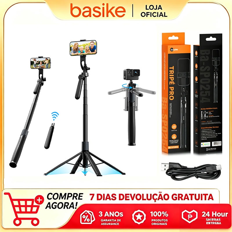 Basike 3 em 1 Bastão de selfie Selfie stick 1.8M long wireless Bluetooth 5.0 portable retractable Metal tripod
