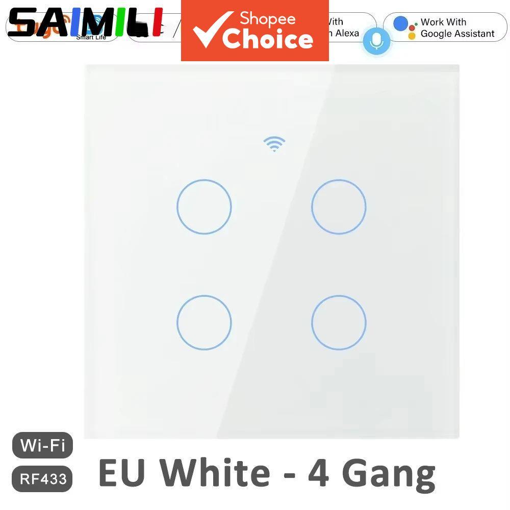 SAIMILI 4 Gang WiFi RF 433mhz Touch Wall Light Smart Wireless com Interruptor sem Neutro EU Compatível com Tuya Alexa