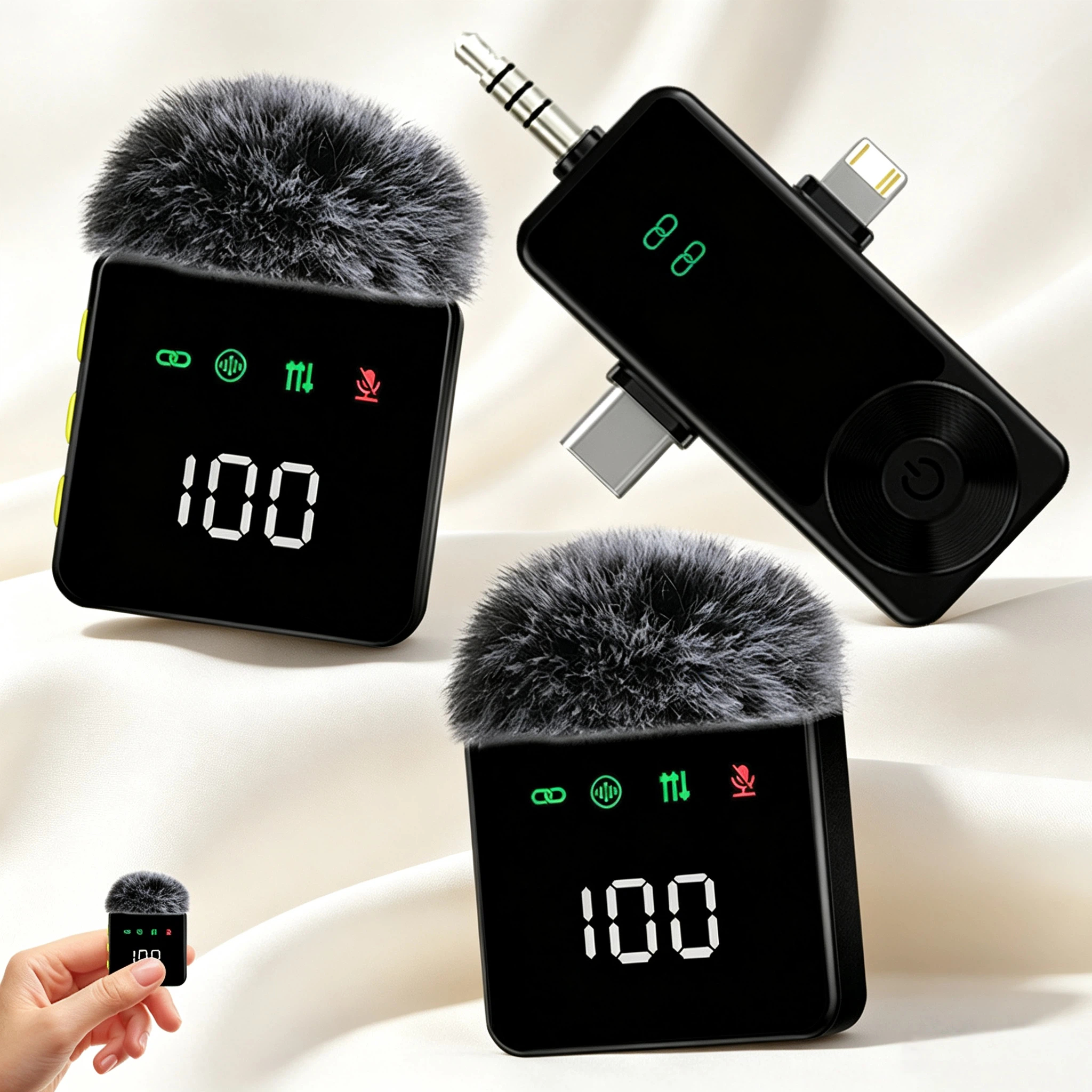 Microfone de Lapela Duplo Wireless com 3 Conexões, Display Digital, Baixa Latência, para Vlog, Entrevista, Ensino e