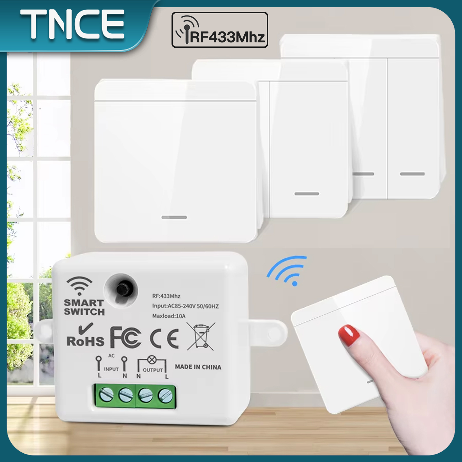 Painel de Parede Inteligente Wireless RF 433Mhz TNCE 86 com Controle Remoto 1/2/3 Gang Mini Receptor Relé Controle