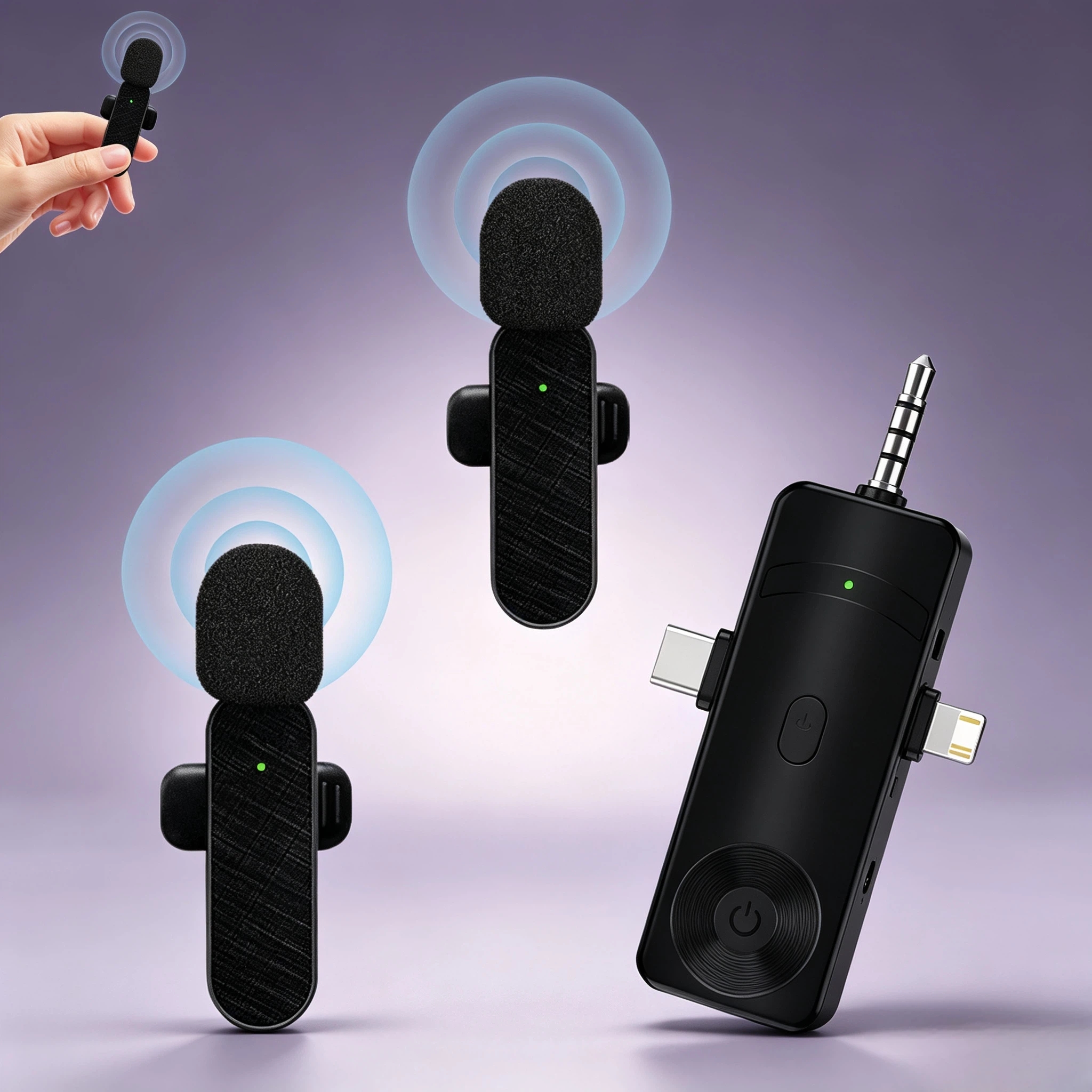 Microfone de Lapela Wireless Omnidirecional Redução Inteligente de Ruído Reverberação Modo Silencioso Monitoramento em