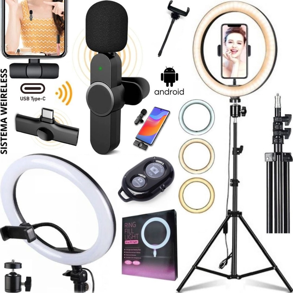 Kit Gravação Profissional Ring Light Luz Led Com Tripé 2m Microfone Sem Fio Wireless Tipo-C Vídeo