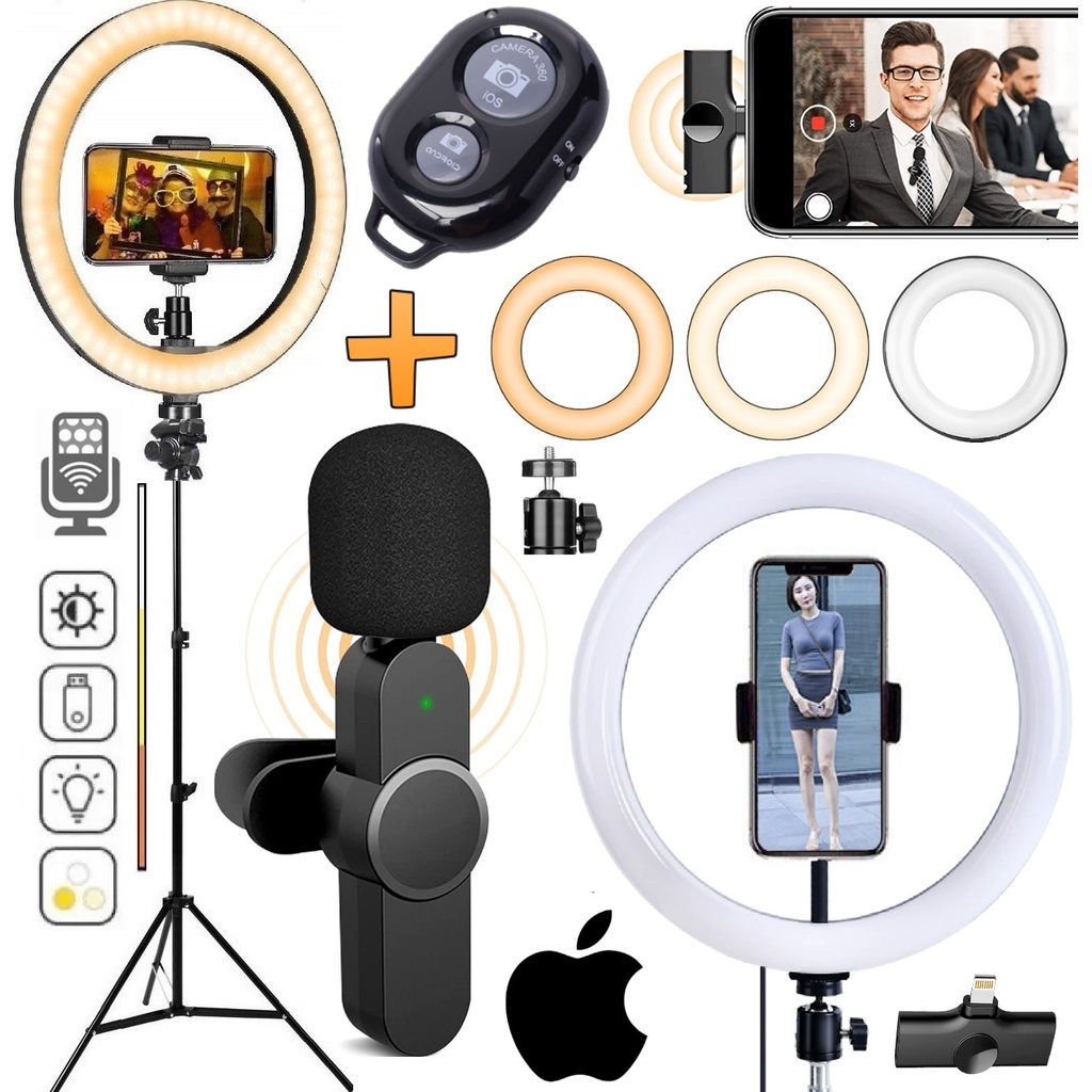 Kit Tripé Microfone Sem Fio Wireless iPhone Ios Luz Ring Light Gravação Vídeo Profissional Podcast BHK