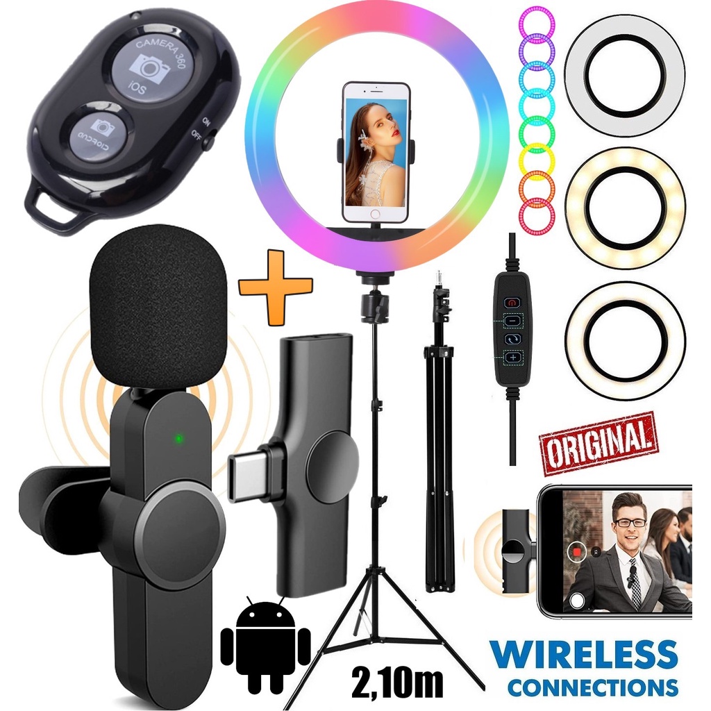 Tripé Pedestal de Celular Microfone Wireless Tipo C Para Android Vídeo Foto Selfie Aro Luz Hing Luminária Youtuber Vlog