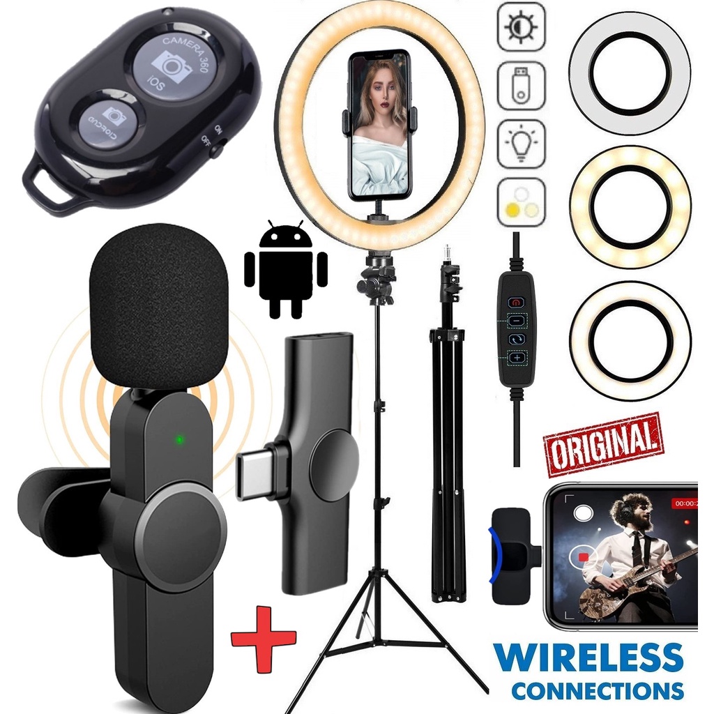 Kit Youtuber Tripé Microfone Sem Fio Para Celular Usb Tipo C Wireless + Anel de Luz Ring Light Led