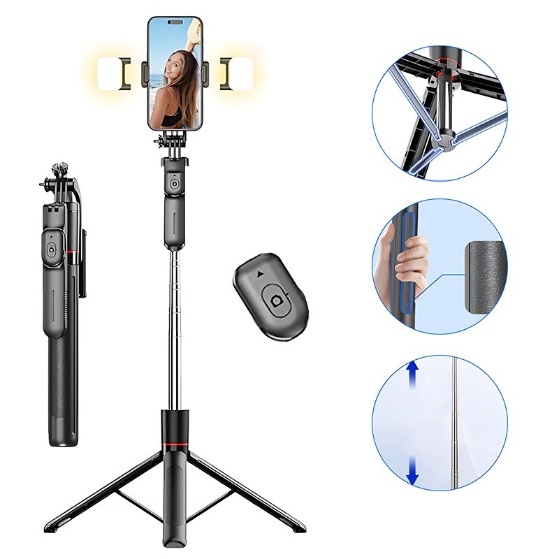 Selfie stick 1.7M long wireless Bluetooth portable retractable tripod Iluminação Celular Aço Inox