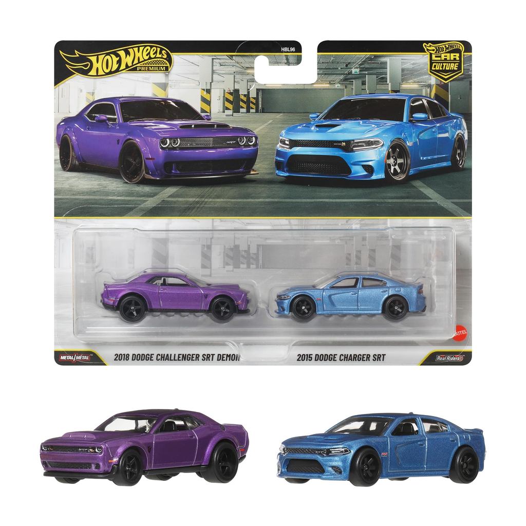 Hot Wheels Premium 2-Pack 2018 Dodge Challenger SRT Demon / 2015 Dodge Charger SRT Vehicle Toy Miniature Car for Ages 3