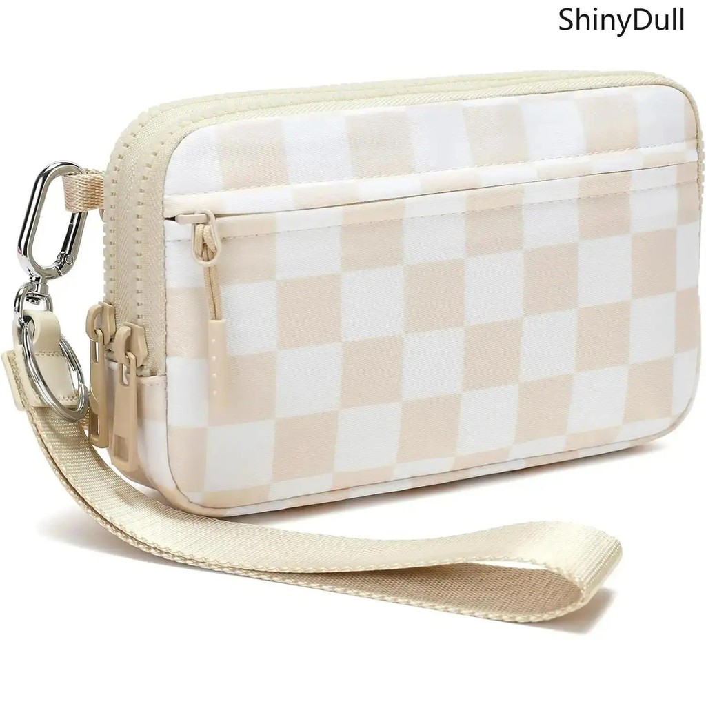 Women’s Minimalist Nylon Quilted Wristlet Wallet - 4-Zipper Travel Organizer with Adjustable Checkered Strap for Cards &