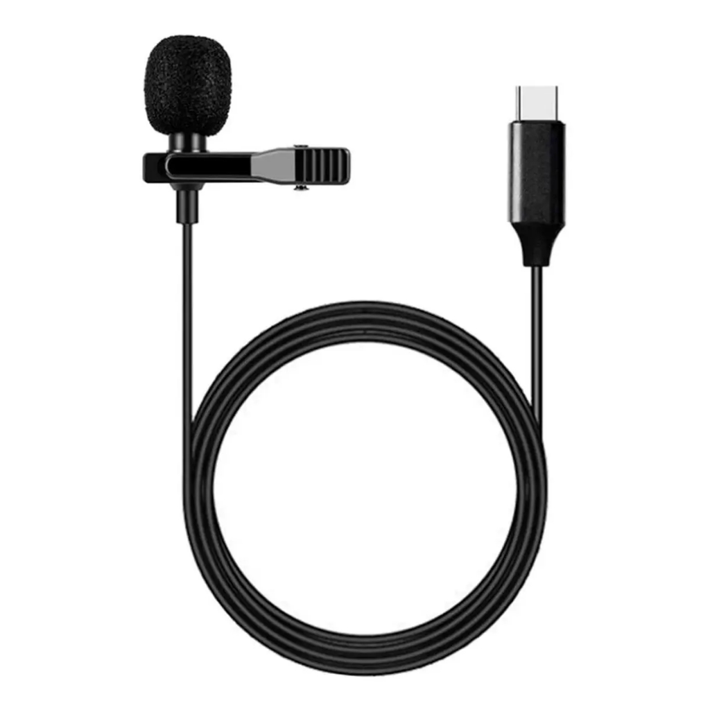 Microfone de Lapela Tipo-C USB-C para Smartphone Câmera e Filmadora Preto