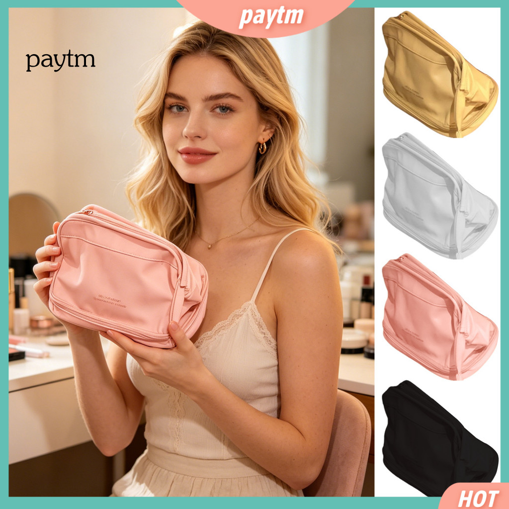 Anti-fouling Travel Makeup Bag Waterproof Cosmetic Faux Leather for Women – Wide-open Organizer with Bottom Brush for