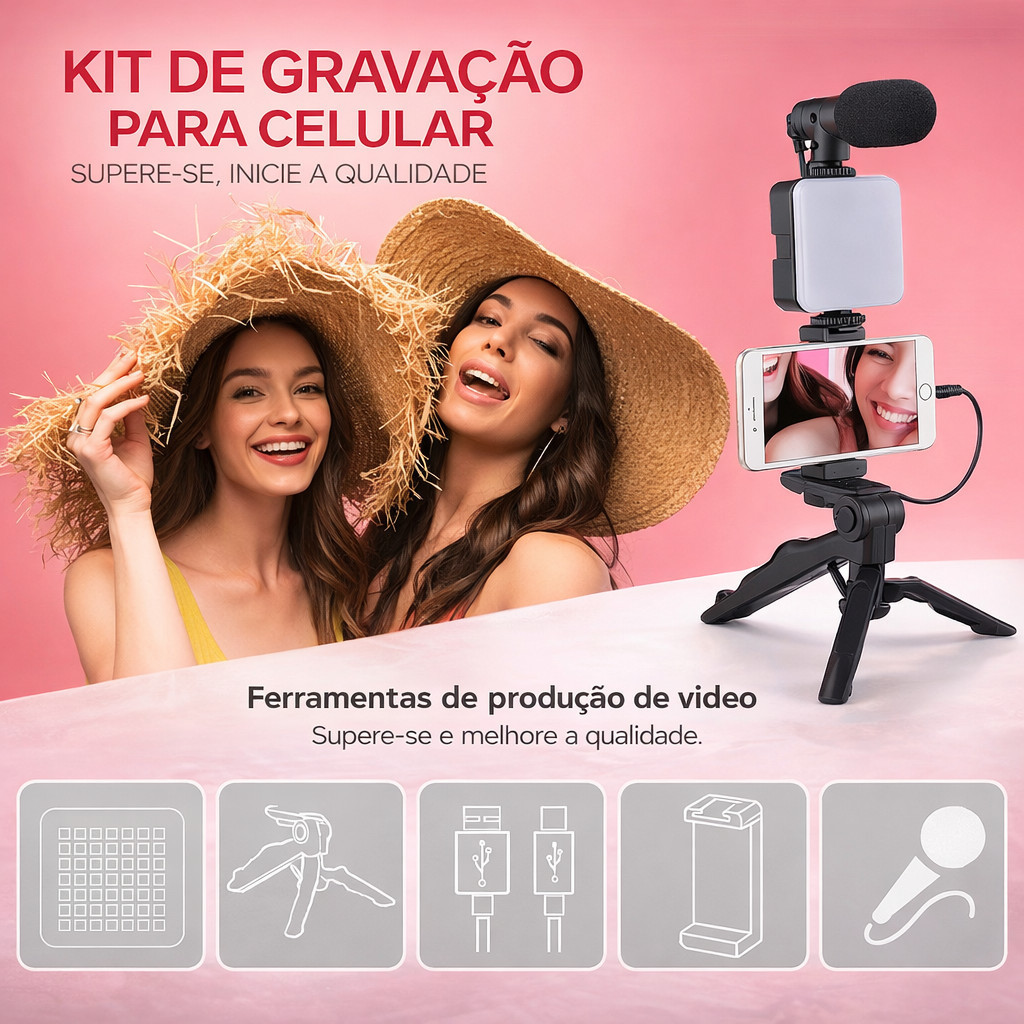 Kit Vídeo e Fotografia para Smartphone com Microfone Luz LED Mini Tripé Suporte e Controle Bluetooth ANJGG BRASIL