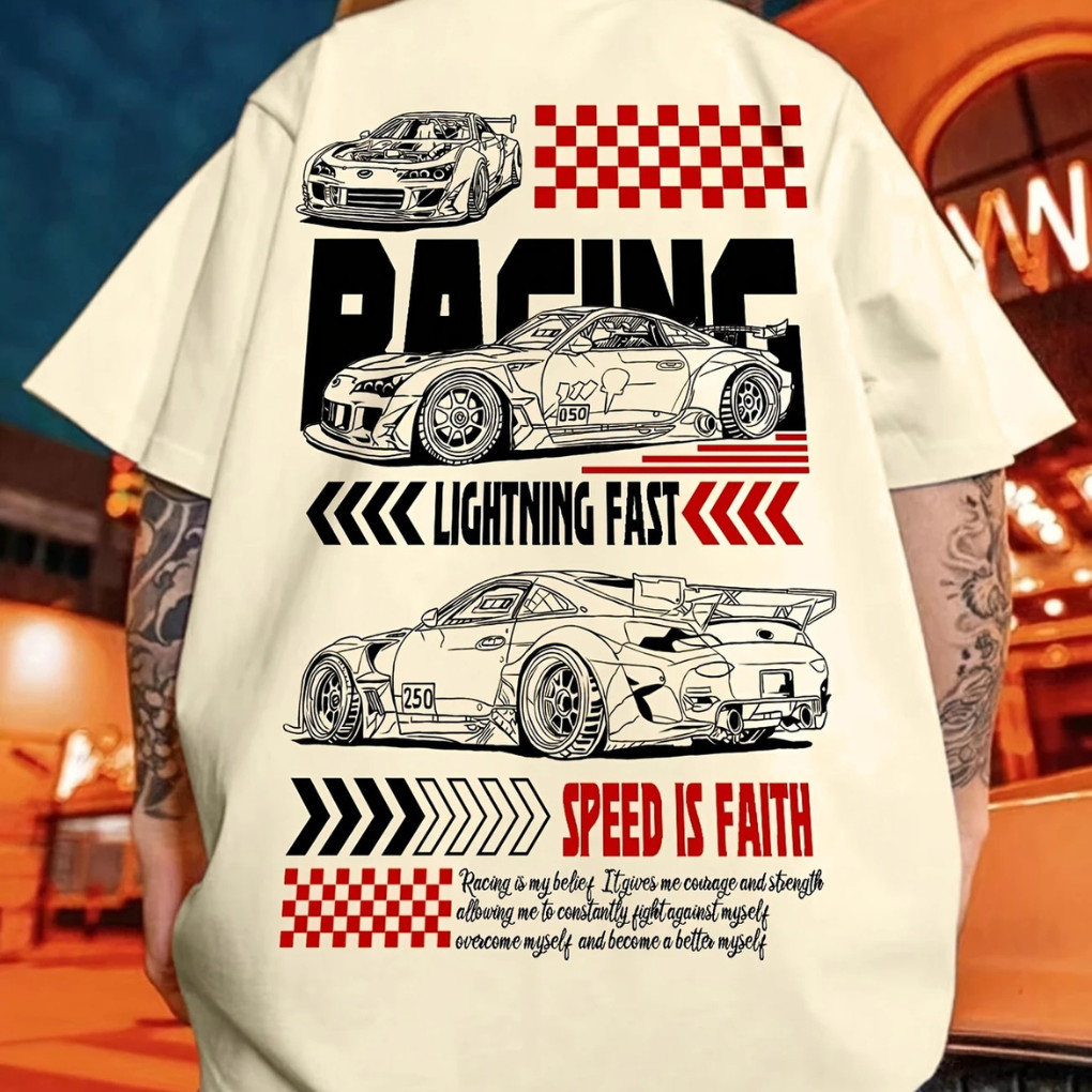Camiseta Básica Unissex Carro Racing Lightning Fast Speed Is Faith Streetwear Jovem Lançamento Blusa 100% Algodão