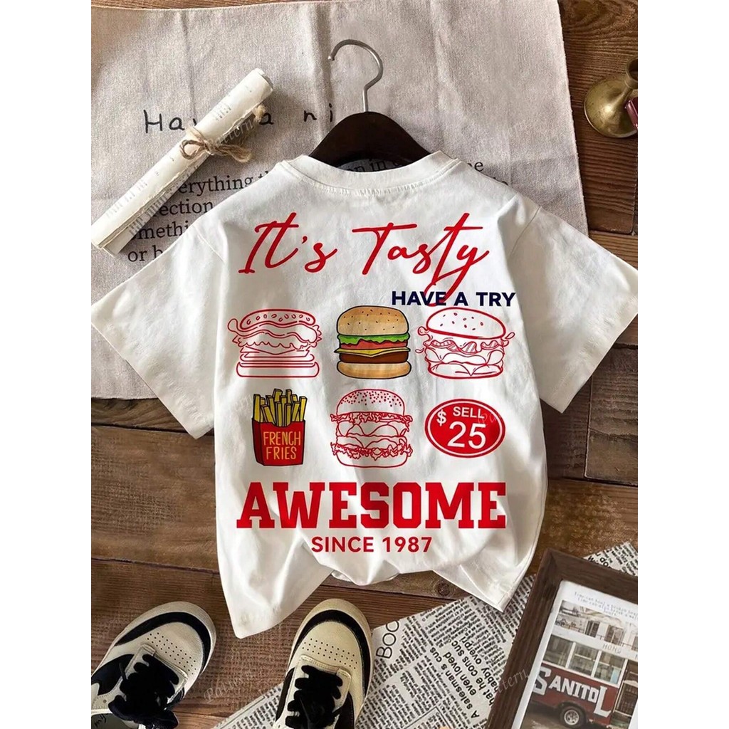 Camiseta de Manga Curta de Gola Redonda Casual com Tema de Fast Food de Verão